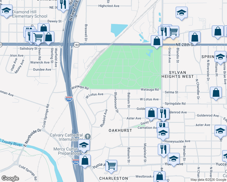 map of restaurants, bars, coffee shops, grocery stores, and more near 2021 Bluebonnet Drive in Fort Worth