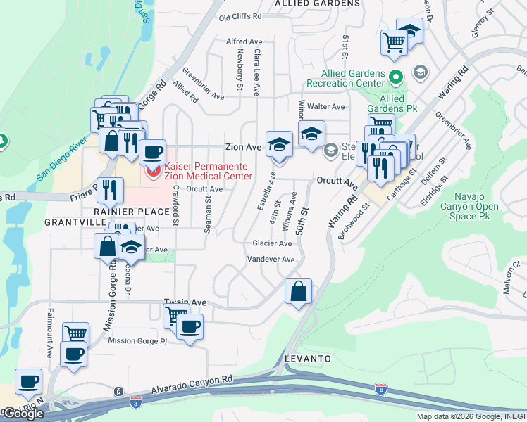 map of restaurants, bars, coffee shops, grocery stores, and more near 6391 Estrella Avenue in San Diego