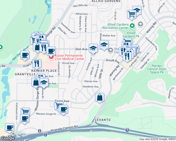 map of restaurants, bars, coffee shops, grocery stores, and more near 6391 Estrella Avenue in San Diego
