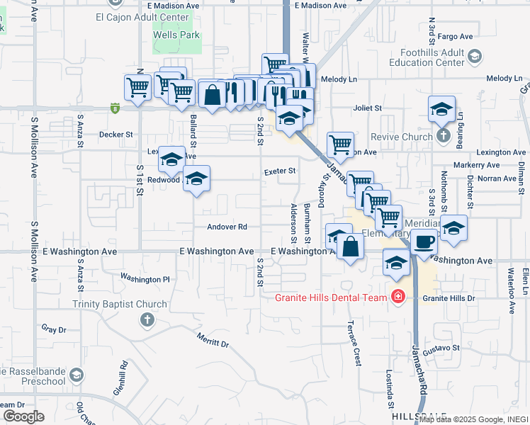 map of restaurants, bars, coffee shops, grocery stores, and more near 591 South 2nd Street in El Cajon