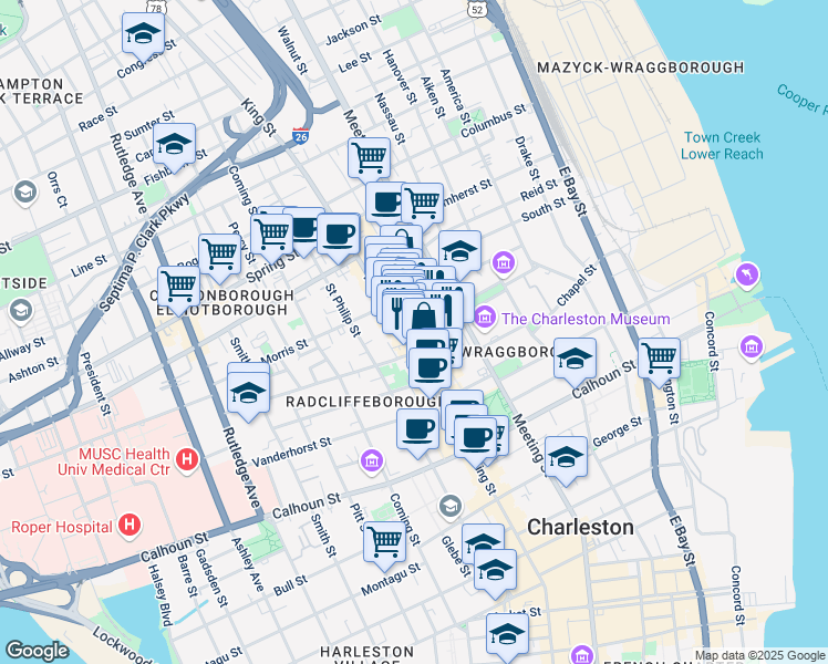 map of restaurants, bars, coffee shops, grocery stores, and more near 468 King Street in Charleston