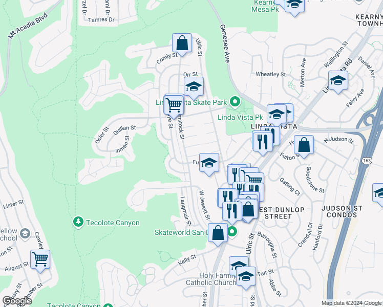 map of restaurants, bars, coffee shops, grocery stores, and more near 6708 Roeblin Court in San Diego