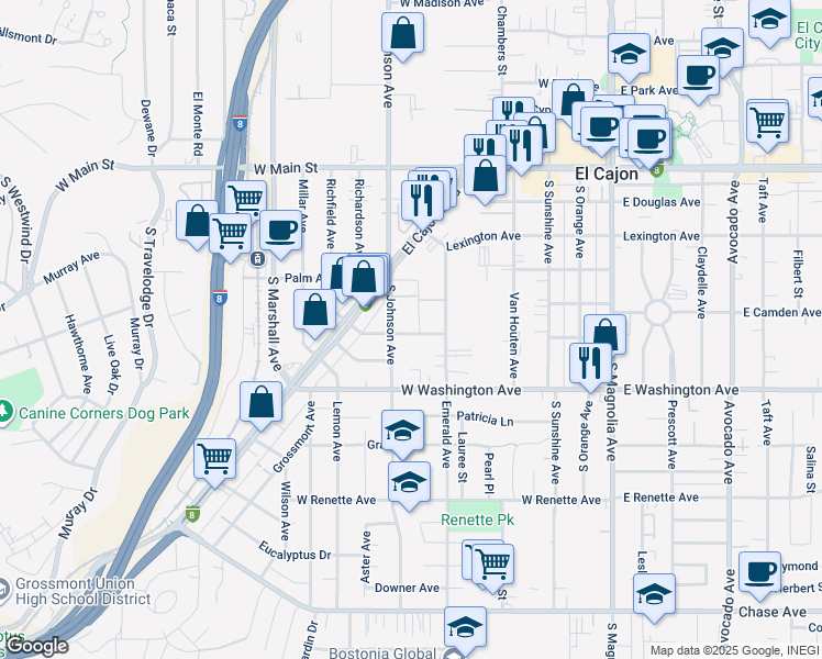 map of restaurants, bars, coffee shops, grocery stores, and more near in El Cajon