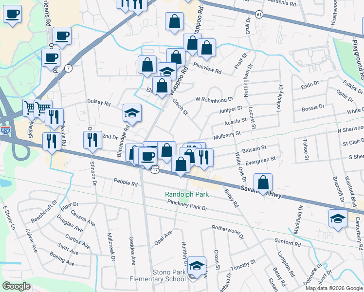 map of restaurants, bars, coffee shops, grocery stores, and more near 1671 Mulberry Street in Charleston