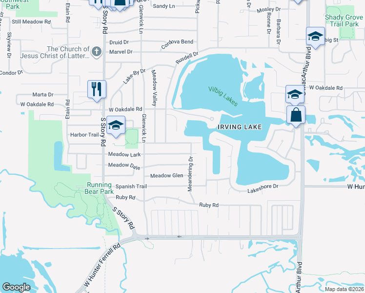 map of restaurants, bars, coffee shops, grocery stores, and more near 2021 Pebblebrook Trail in Irving