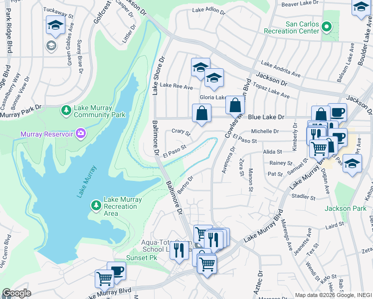 map of restaurants, bars, coffee shops, grocery stores, and more near 7593 El Paso Street in La Mesa