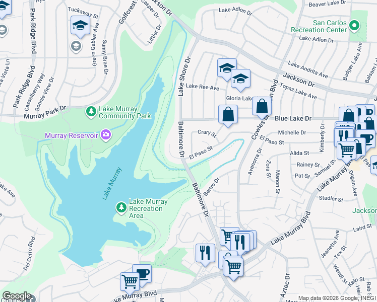 map of restaurants, bars, coffee shops, grocery stores, and more near 6130 Haas Street in La Mesa