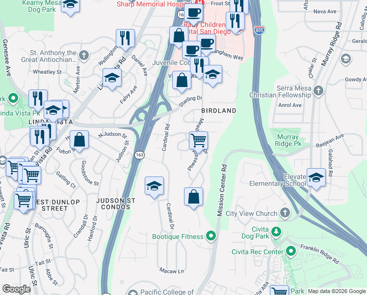 map of restaurants, bars, coffee shops, grocery stores, and more near 2687 Tern Drive in San Diego