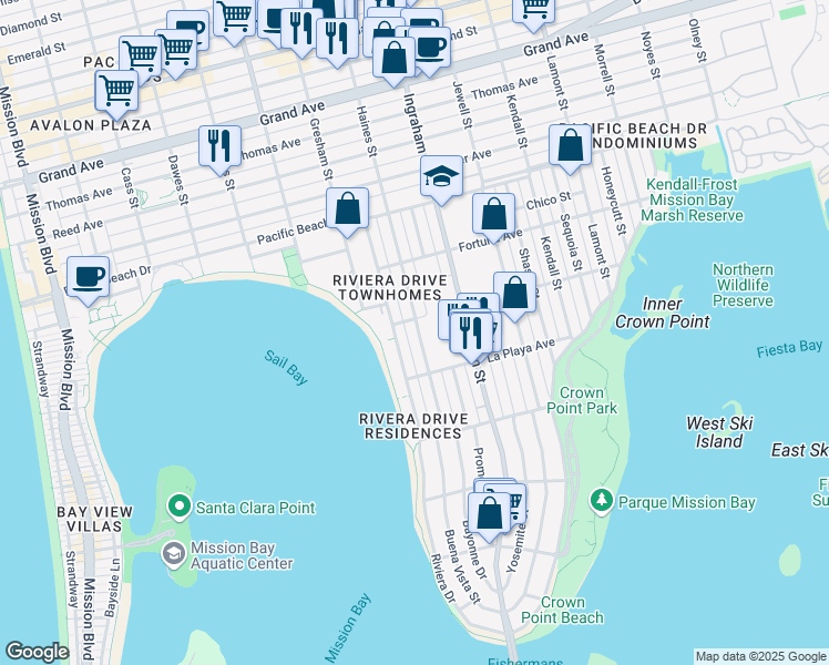 map of restaurants, bars, coffee shops, grocery stores, and more near 3892 Roosevelt Avenue in San Diego