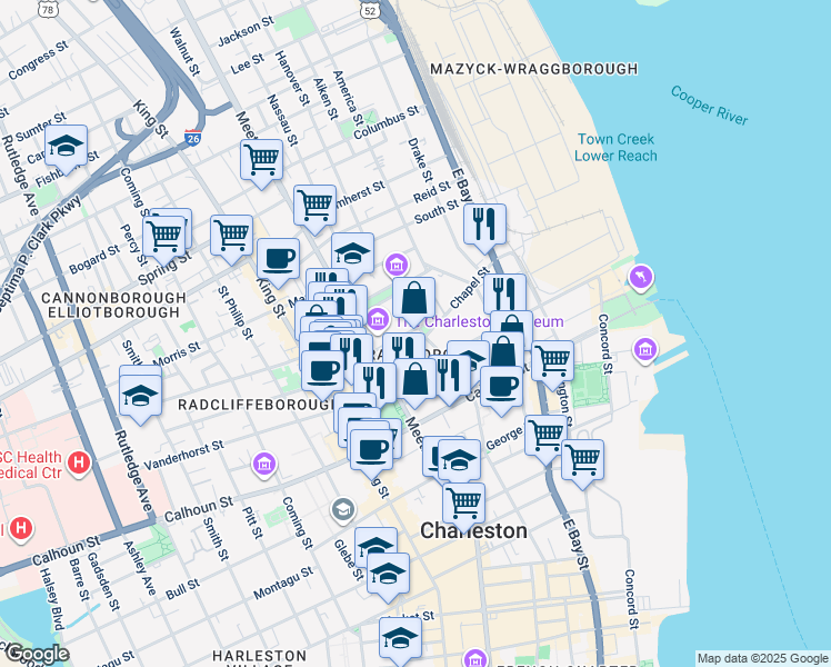 map of restaurants, bars, coffee shops, grocery stores, and more near in Charleston
