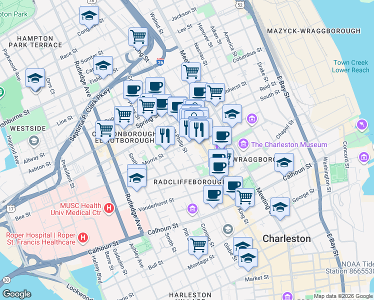 map of restaurants, bars, coffee shops, grocery stores, and more near 10 Morris Street in Charleston
