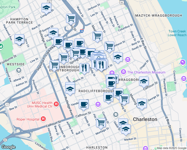 map of restaurants, bars, coffee shops, grocery stores, and more near 10 Morris Street in Charleston