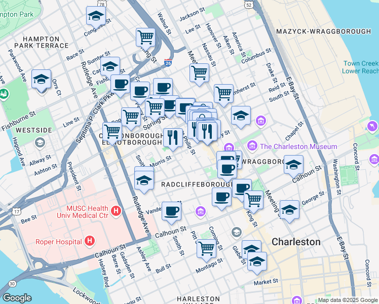 map of restaurants, bars, coffee shops, grocery stores, and more near 10 Morris Street in Charleston