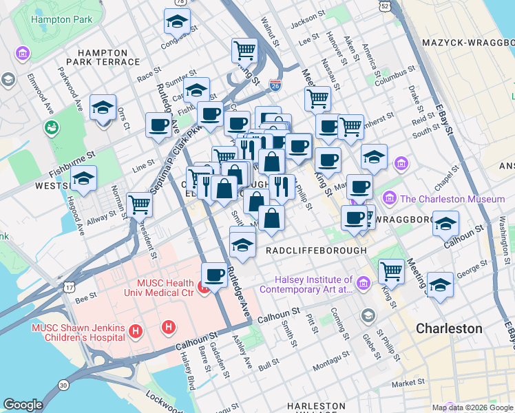 map of restaurants, bars, coffee shops, grocery stores, and more near in Charleston