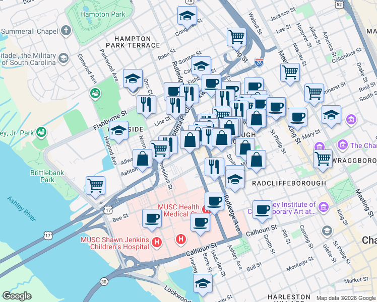 map of restaurants, bars, coffee shops, grocery stores, and more near in Charleston