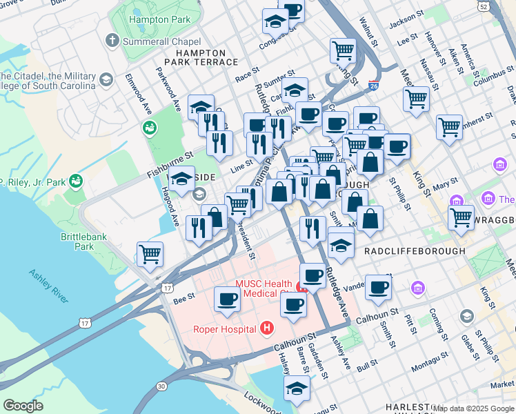 map of restaurants, bars, coffee shops, grocery stores, and more near 6 Rosemont Street in Charleston