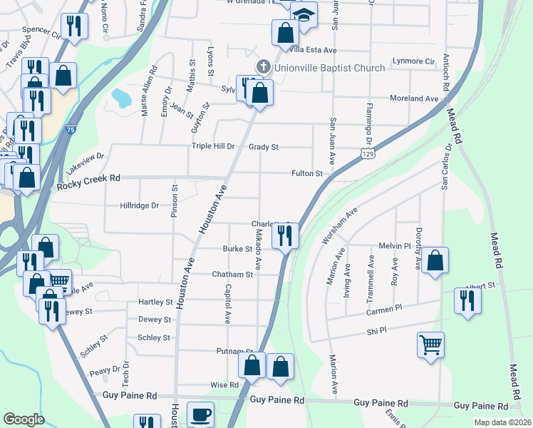 map of restaurants, bars, coffee shops, grocery stores, and more near 4172 Mikado Avenue in Macon