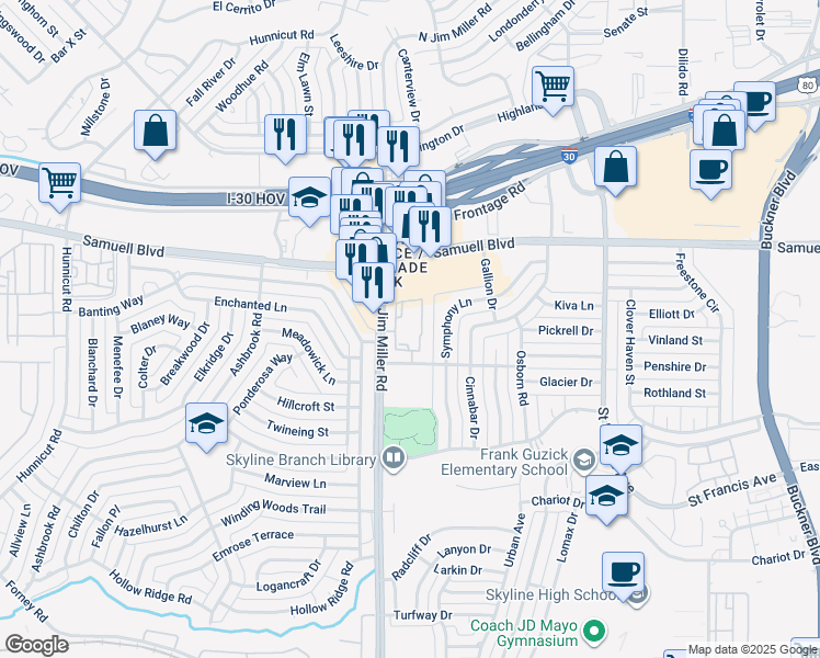 map of restaurants, bars, coffee shops, grocery stores, and more near 5440 North Jim Miller Road in Dallas
