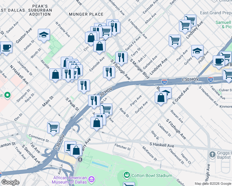 map of restaurants, bars, coffee shops, grocery stores, and more near 4717 Garland Avenue in Dallas