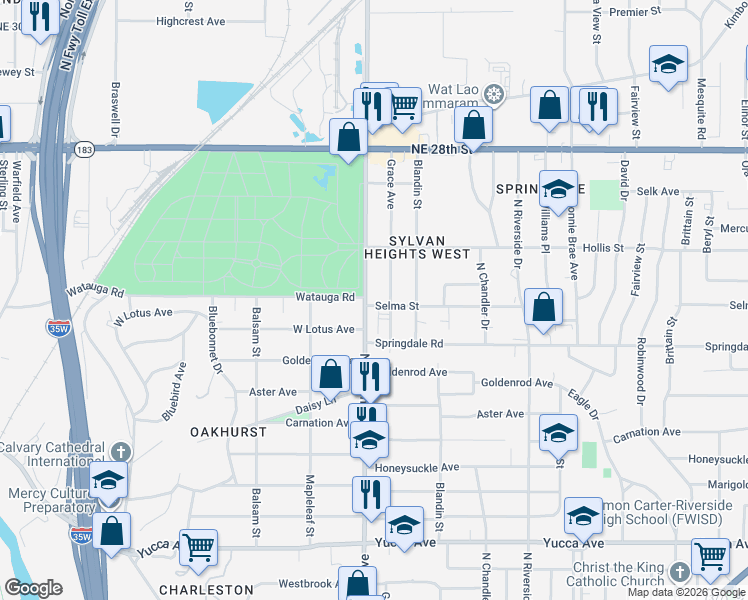 map of restaurants, bars, coffee shops, grocery stores, and more near 2109 Grace Avenue in Fort Worth