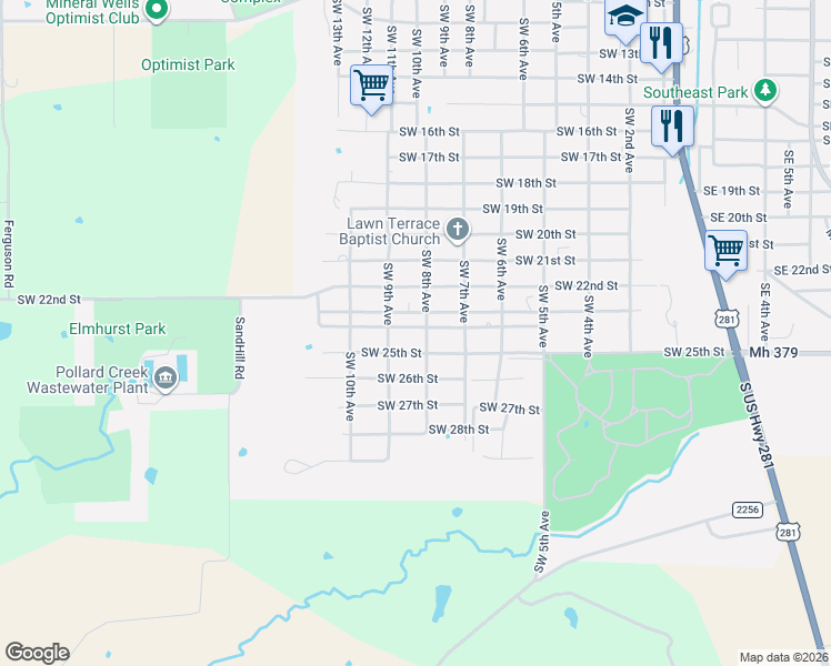 map of restaurants, bars, coffee shops, grocery stores, and more near 815 Southwest 23rd Street in Mineral Wells