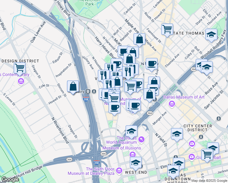 map of restaurants, bars, coffee shops, grocery stores, and more near 2500 North Houston Street in Dallas