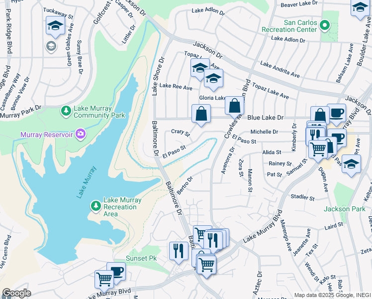 map of restaurants, bars, coffee shops, grocery stores, and more near 7593 El Paso Street in La Mesa