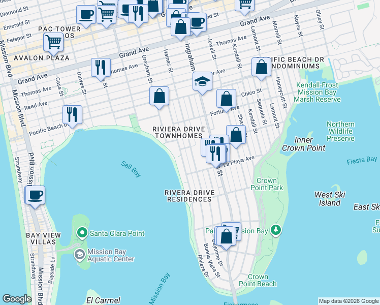 map of restaurants, bars, coffee shops, grocery stores, and more near 3892 Roosevelt Avenue in San Diego