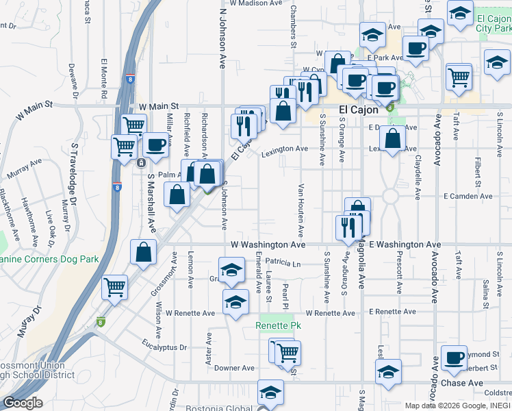map of restaurants, bars, coffee shops, grocery stores, and more near 580 Emerald Avenue in El Cajon