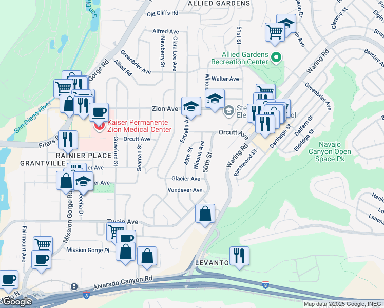 map of restaurants, bars, coffee shops, grocery stores, and more near 6393 49th Street in San Diego