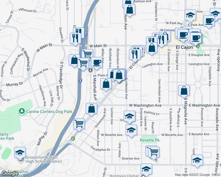 map of restaurants, bars, coffee shops, grocery stores, and more near 586 El Cajon Boulevard in El Cajon