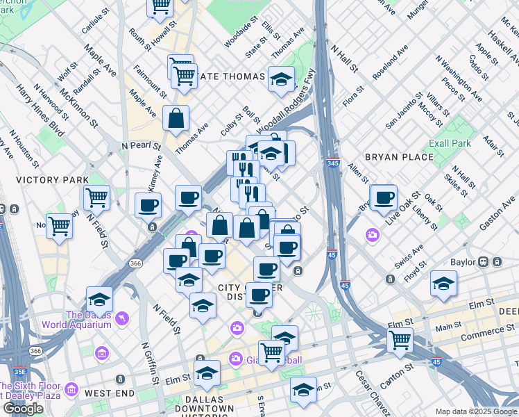 map of restaurants, bars, coffee shops, grocery stores, and more near 1747 Leonard Street in Dallas