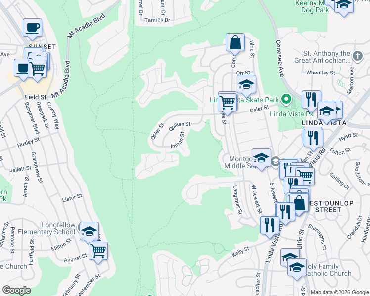 map of restaurants, bars, coffee shops, grocery stores, and more near 2525 Inman Court in San Diego
