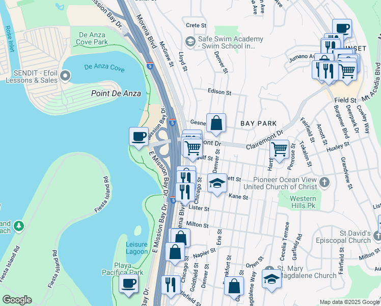 map of restaurants, bars, coffee shops, grocery stores, and more near 2605 Morena Boulevard in San Diego