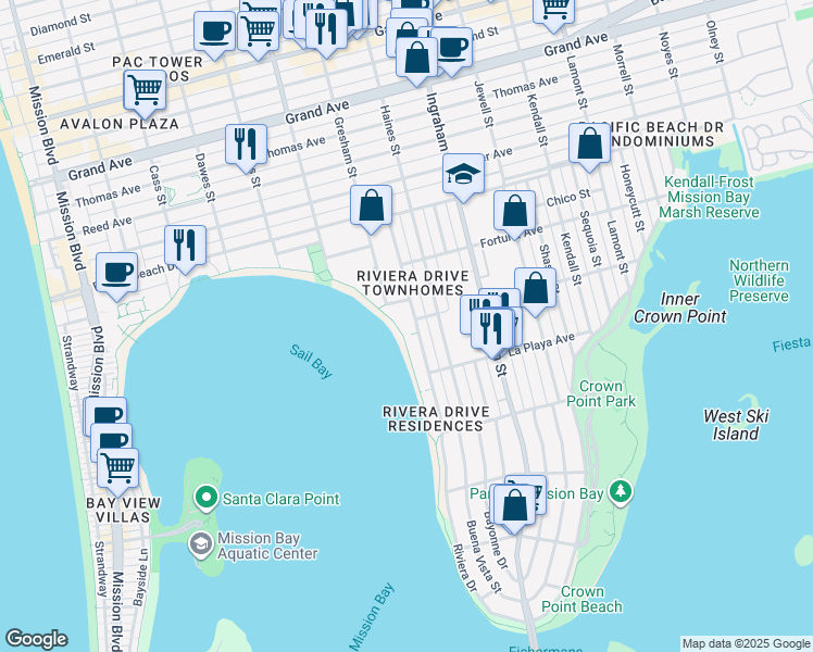 map of restaurants, bars, coffee shops, grocery stores, and more near 3888 Riviera Drive in San Diego