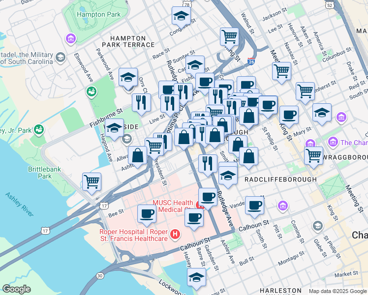 map of restaurants, bars, coffee shops, grocery stores, and more near in Charleston