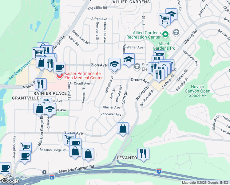 map of restaurants, bars, coffee shops, grocery stores, and more near 6393 49th Street in San Diego