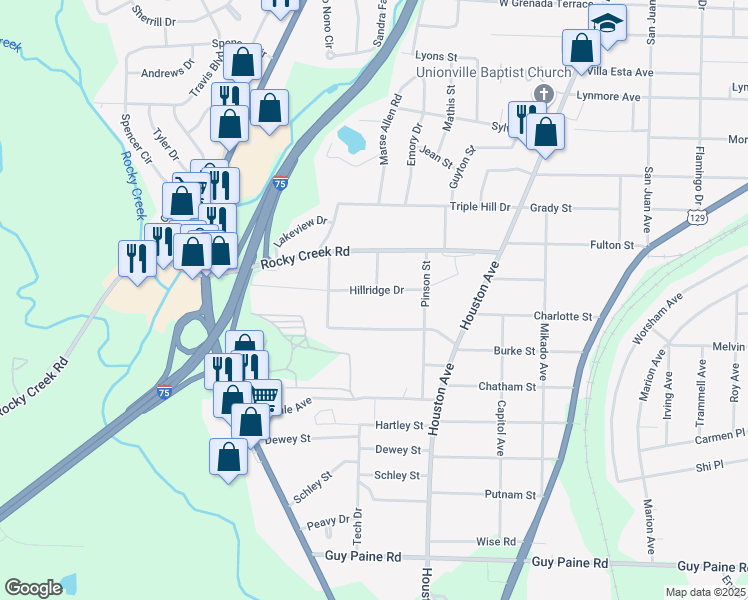 map of restaurants, bars, coffee shops, grocery stores, and more near 1240 Hillridge Drive in Macon