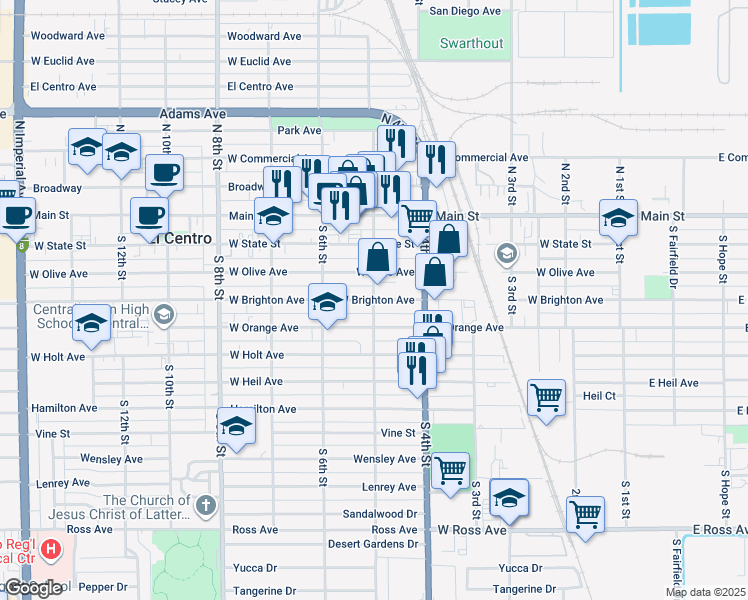 map of restaurants, bars, coffee shops, grocery stores, and more near West Brighton Avenue & South 5th Street in El Centro
