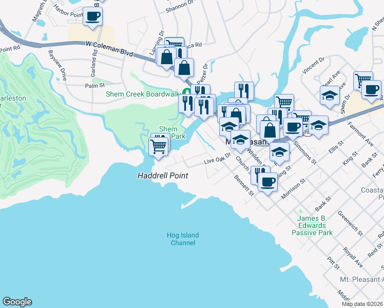 map of restaurants, bars, coffee shops, grocery stores, and more near 228 Haddrell Street in Mount Pleasant