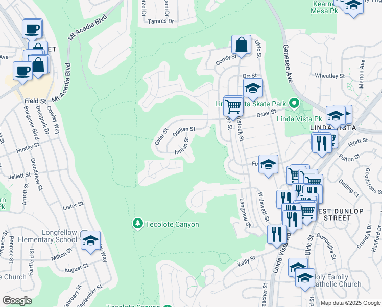 map of restaurants, bars, coffee shops, grocery stores, and more near 2525 Inman Court in San Diego