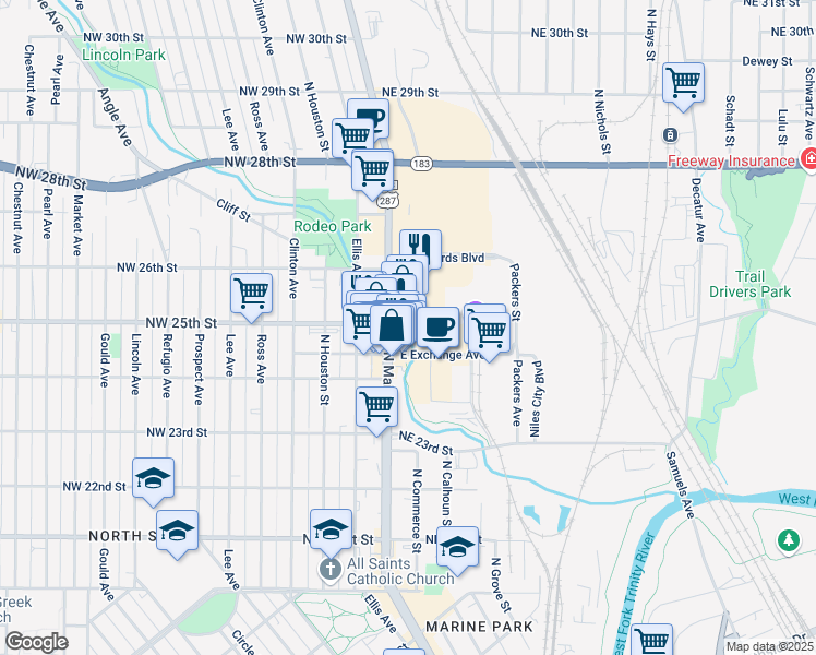 map of restaurants, bars, coffee shops, grocery stores, and more near 2513 Rodeo Plaza in Fort Worth