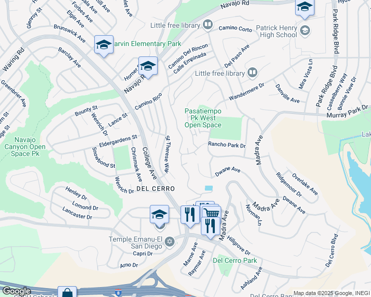 map of restaurants, bars, coffee shops, grocery stores, and more near 6236 Caminito Buena Suerte in San Diego