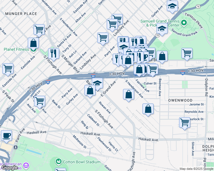 map of restaurants, bars, coffee shops, grocery stores, and more near 5106 Philip Avenue in Dallas