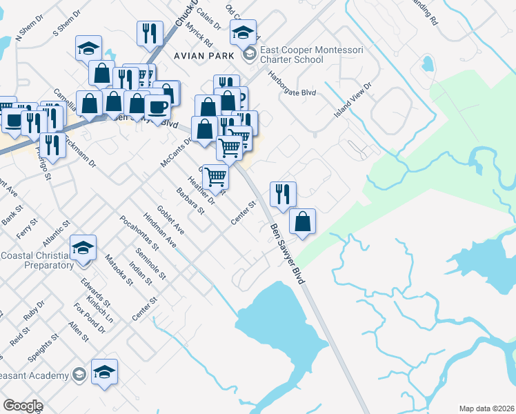 map of restaurants, bars, coffee shops, grocery stores, and more near 1529 Ben Sawyer Boulevard in Mount Pleasant