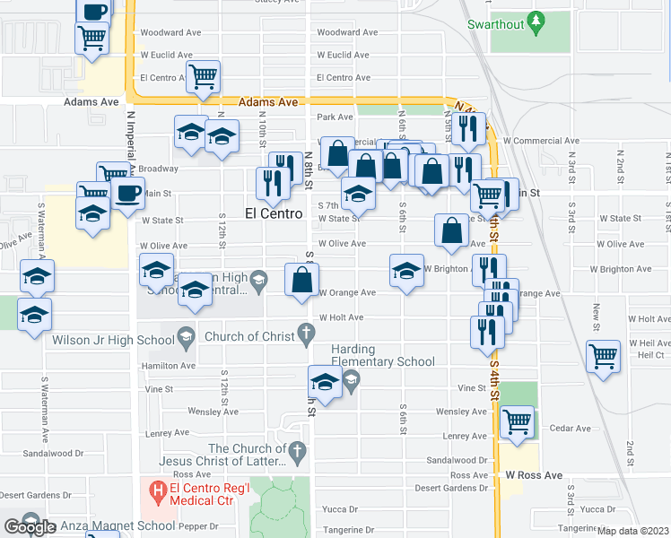 map of restaurants, bars, coffee shops, grocery stores, and more near 737 West Brighton Avenue in El Centro