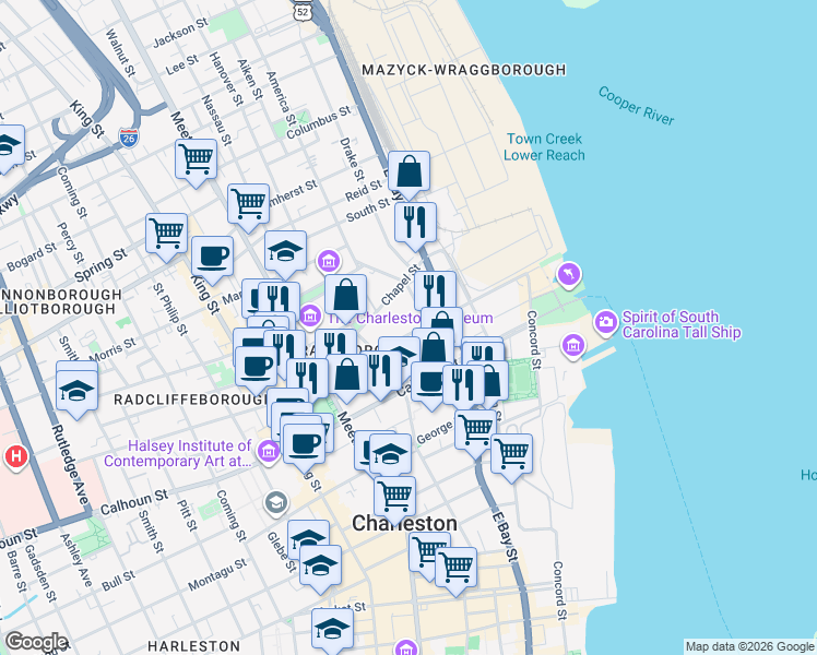 map of restaurants, bars, coffee shops, grocery stores, and more near 30 Charlotte Street in Charleston