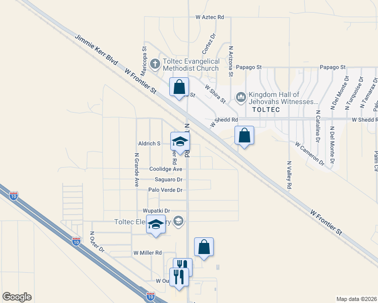 map of restaurants, bars, coffee shops, grocery stores, and more near 3805 North Toltec Road in Eloy