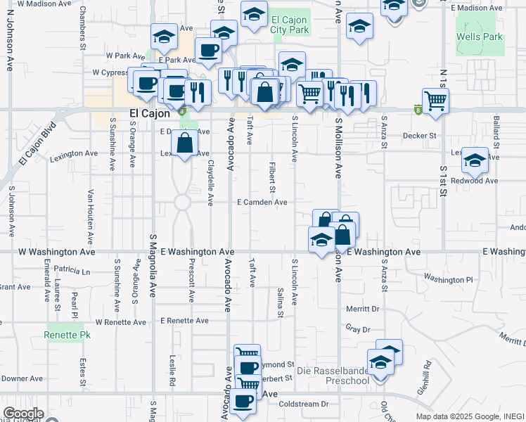 map of restaurants, bars, coffee shops, grocery stores, and more near 508 East Camden Avenue in El Cajon