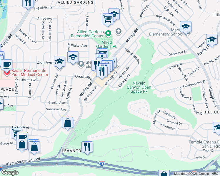 map of restaurants, bars, coffee shops, grocery stores, and more near 6548 Eldridge Street in San Diego